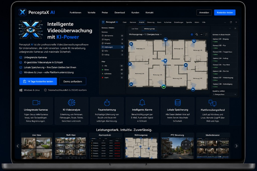 PerceptaX AI – Intelligente Videoüberwachung mit Wohnungsmap und Live-Kameras